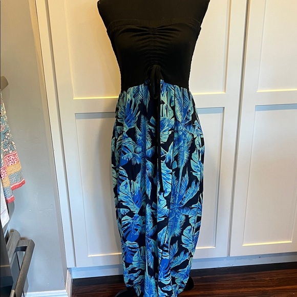Strapless Black and Blue Tropical Maxi Dress M - Picture 1 of 5